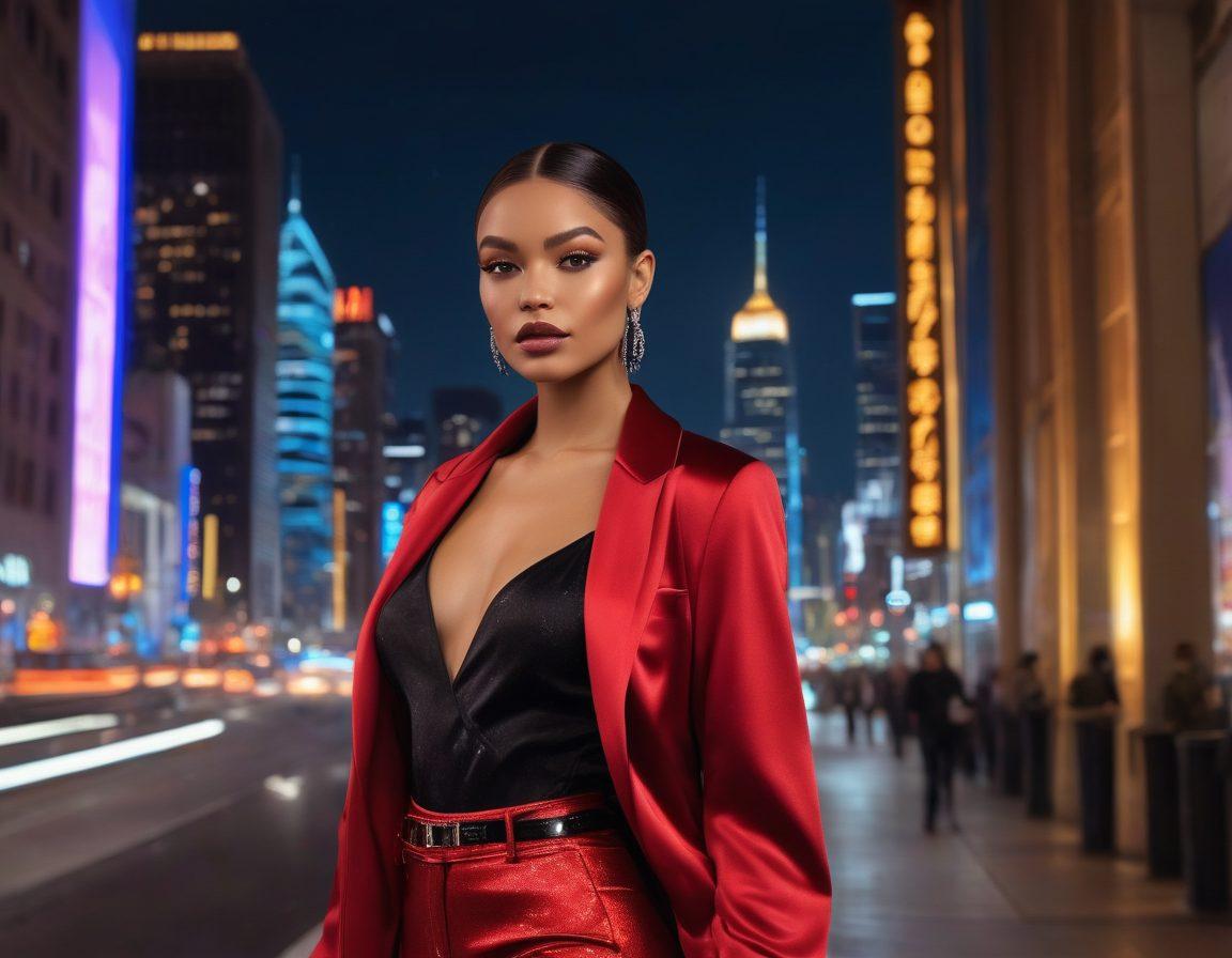 A luxurious modern woman adorned in high fashion and exquisite makeup, exuding confidence. She stands against a chic urban backdrop with glimmering lights. Her outfit is a blend of sleek modern design and glamorous detail. The makeup highlights her features with a blend of bold and subtle tones, perfectly balancing sophistication and dazzle. super-realistic. vibrant colors. high contrast.