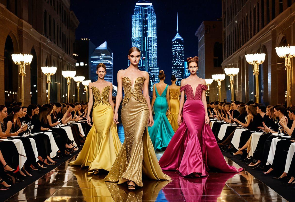 An elegant fashion runway scene with models flaunting the latest couture, highlighted by luxurious fabrics and intricate designs. The models are surrounded by a backdrop of sparkling lights and glamorous cityscape in the distance. Include elements of beauty like high-end makeup and chic hairstyles to complete the look. Digital painting. vibrant colors. 3D.